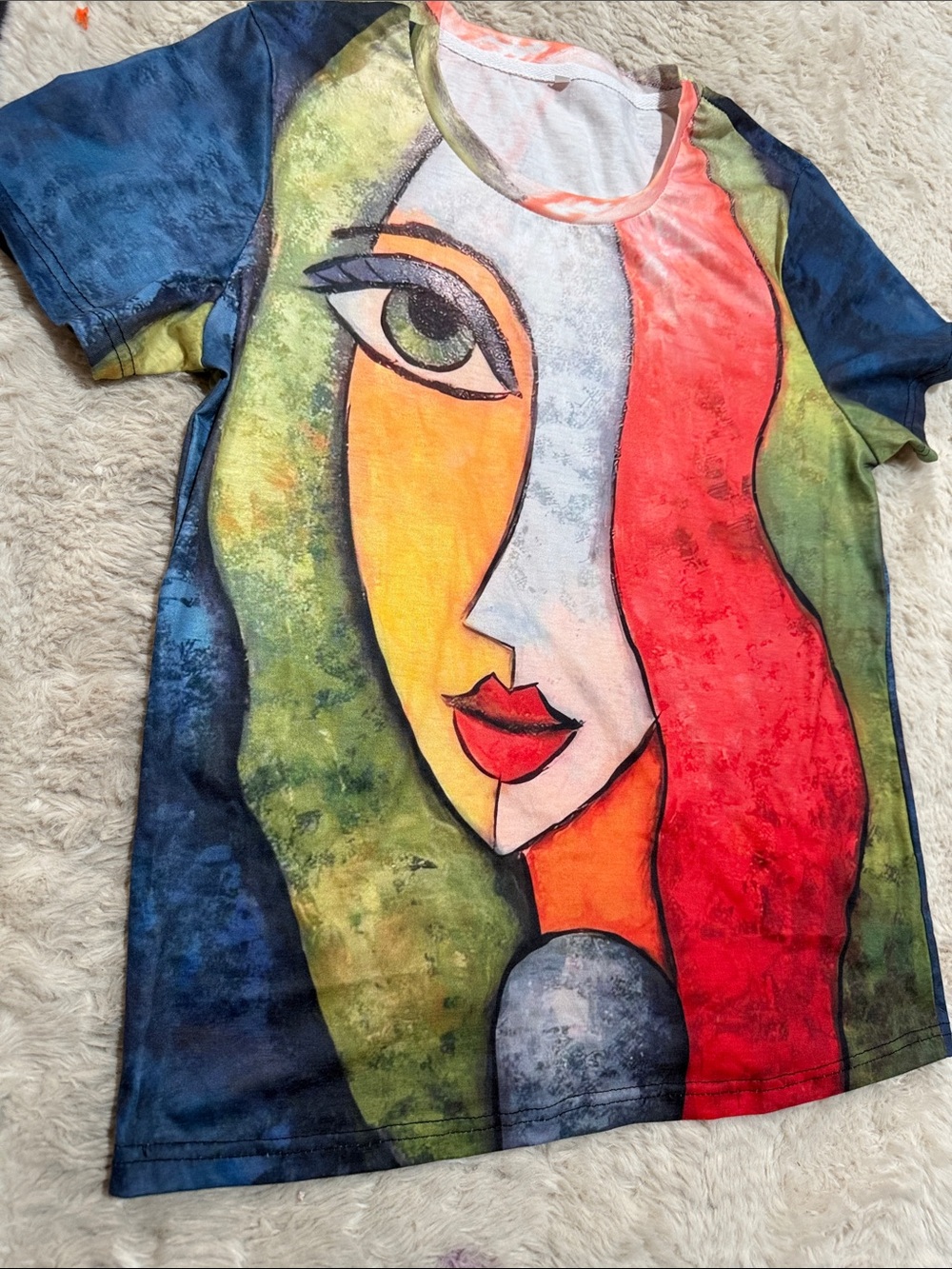 Abstract Colorblock Face Graphic Tee - Vibrant Multicolor
